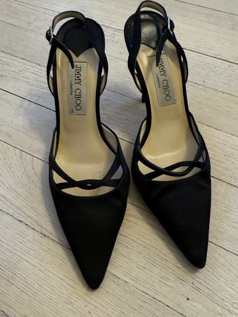 JIMMY CHOO Women’s Black Pointed Toe Strappy Slingback Heels Size 36.5